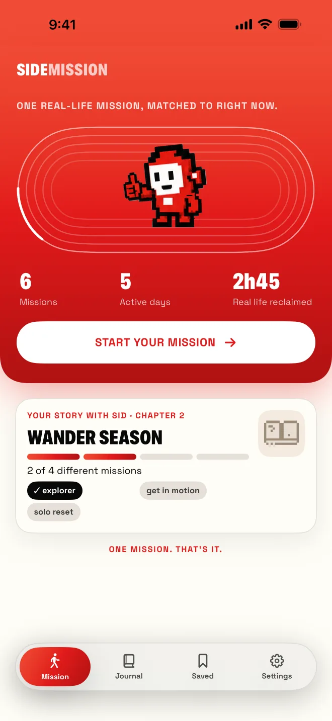 SideMission 2.0 Home screen: Sid on the track, your mission stats and your current chapter