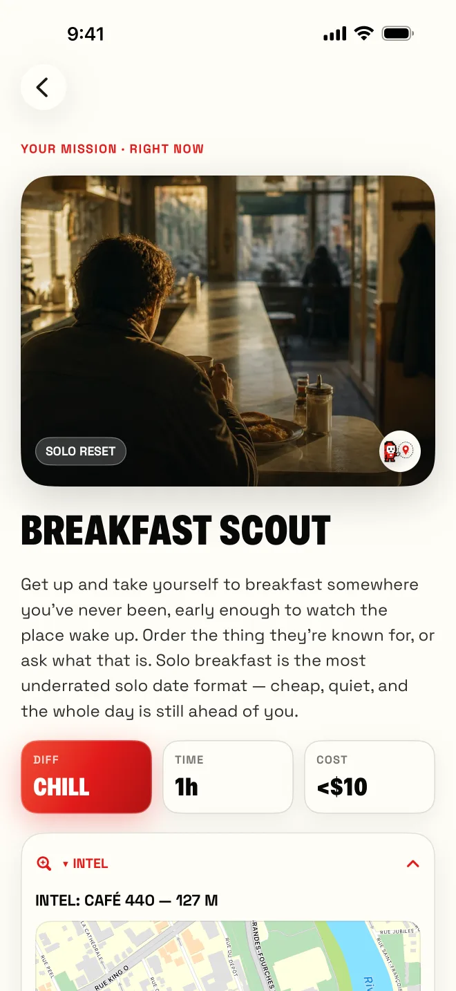 Mission card for Breakfast Scout with nearby place intel: Café 440, 127 m away