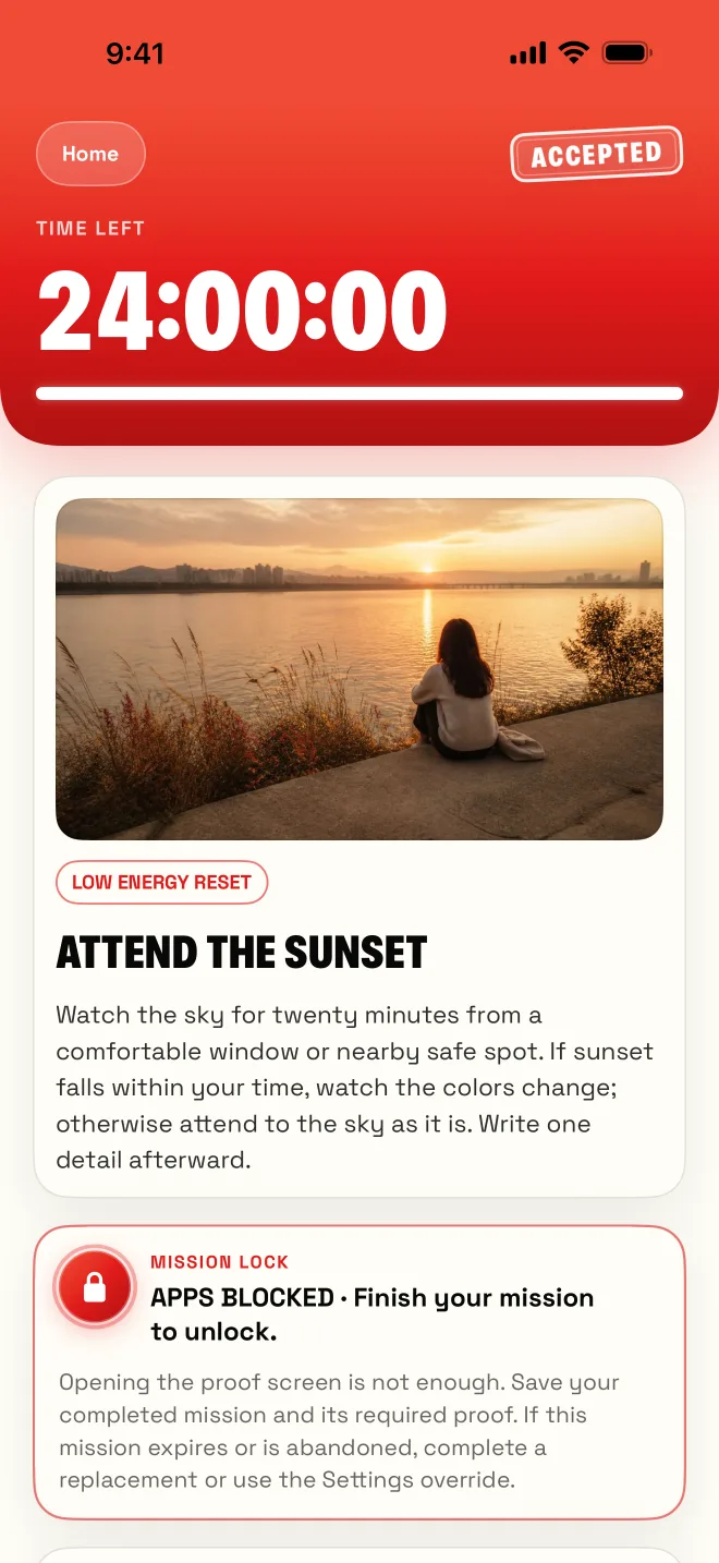Accepted mission with a 24-hour clock and Mission Lock: apps blocked until you finish