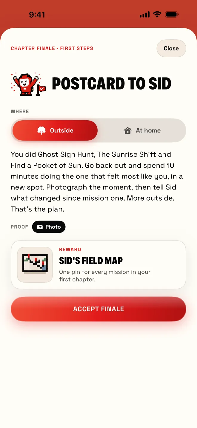 Finale sheet for Postcard to Sid, with Sid’s Field Map as the reward