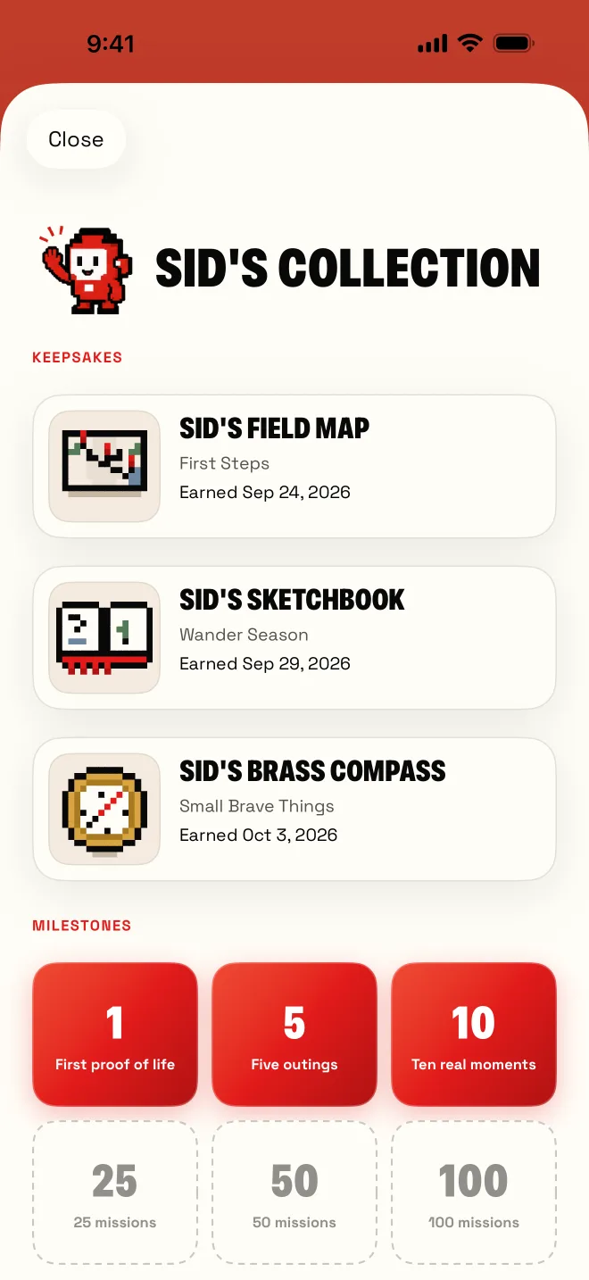 Sid’s collection with three keepsakes and milestone stamps